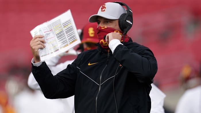 Southern California Trojans head coach Clay Helton reacts in the second quarter Arizona State Sun Devils at the Los Angeles Memorial Coliseum.